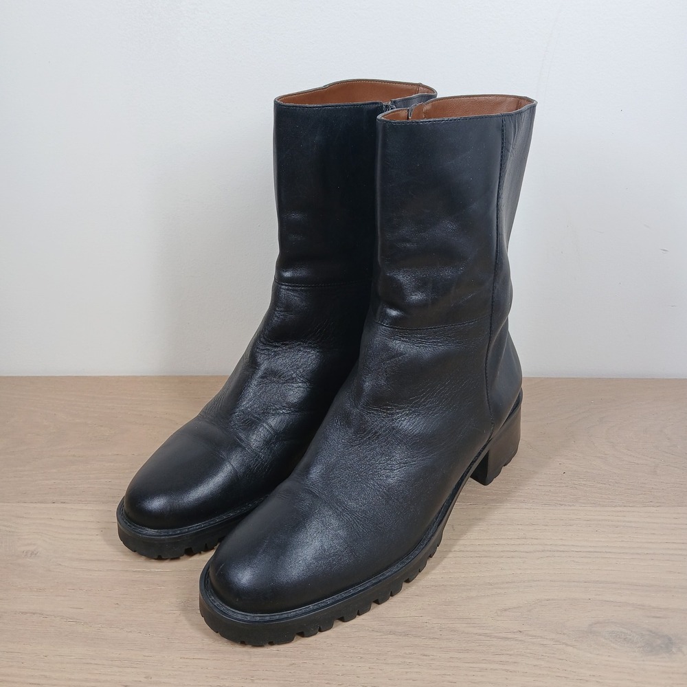 Markon Ankle Boots Women 7.5 Black Leather Block Heel Lug Sole Minimalist